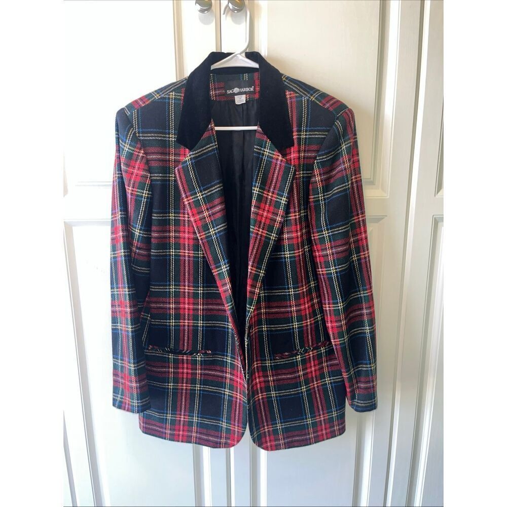 Vintage Sag Harbor Blazer Women 14 Red Tartan Plaid Button 90s Wool Blend Career